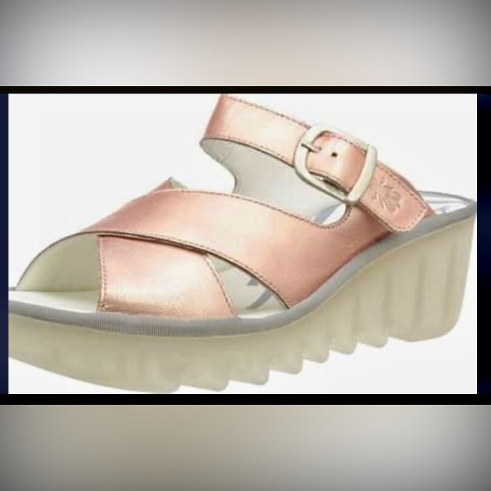 Fly London Metallic Rose Gold Wedge Slide with Buckle Strap